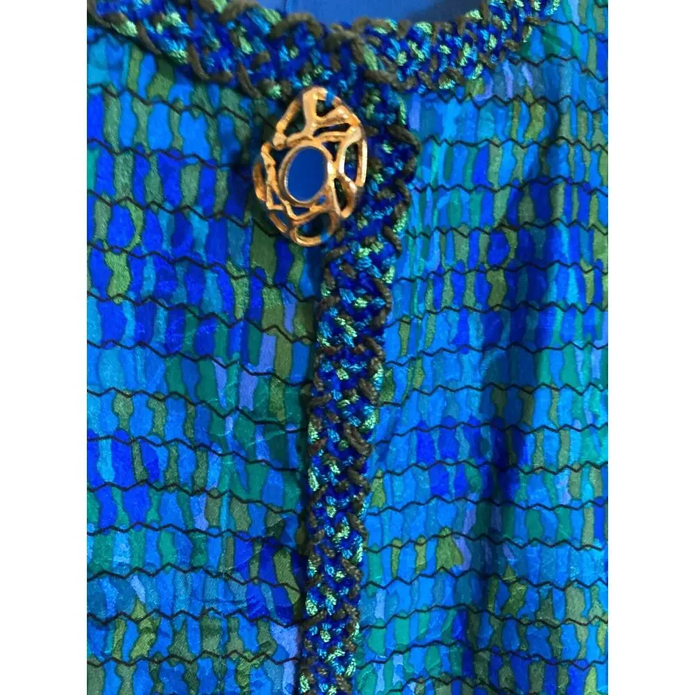 Vintage Encore Silk Jacket Womens 14 Turquoise‎ Watercolor Embroidery Trim